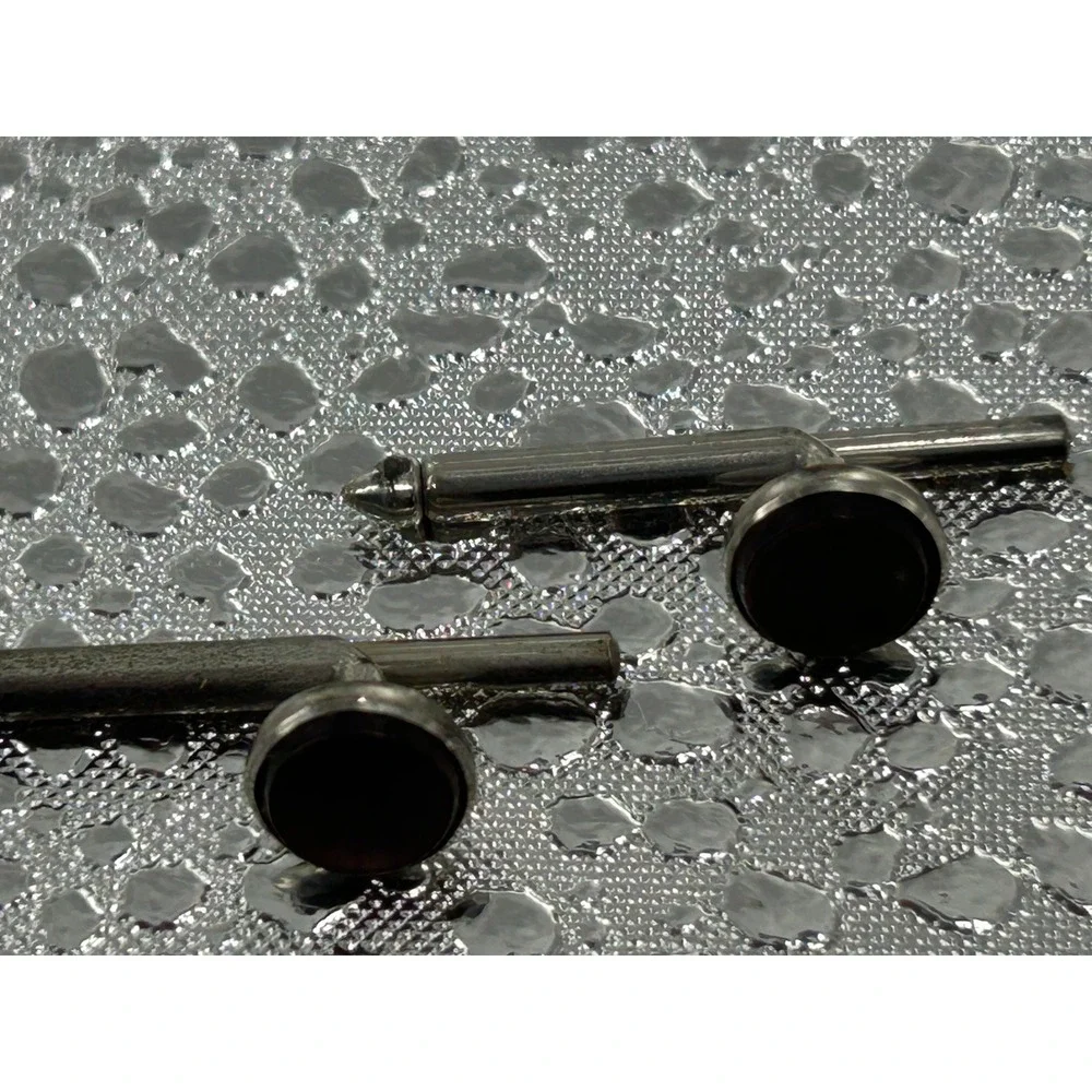 Vintage Silver Tone Wrap Around Mesh Cufflinks with Black Onyx Inset Mid Century